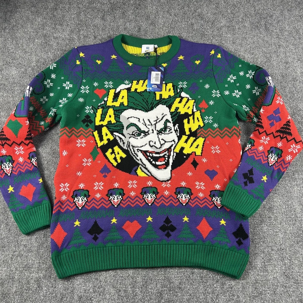 DC Comics Sweater Mens XL Green‎ Red Joker Christmas Ugly Pullover Crewneck Knit
